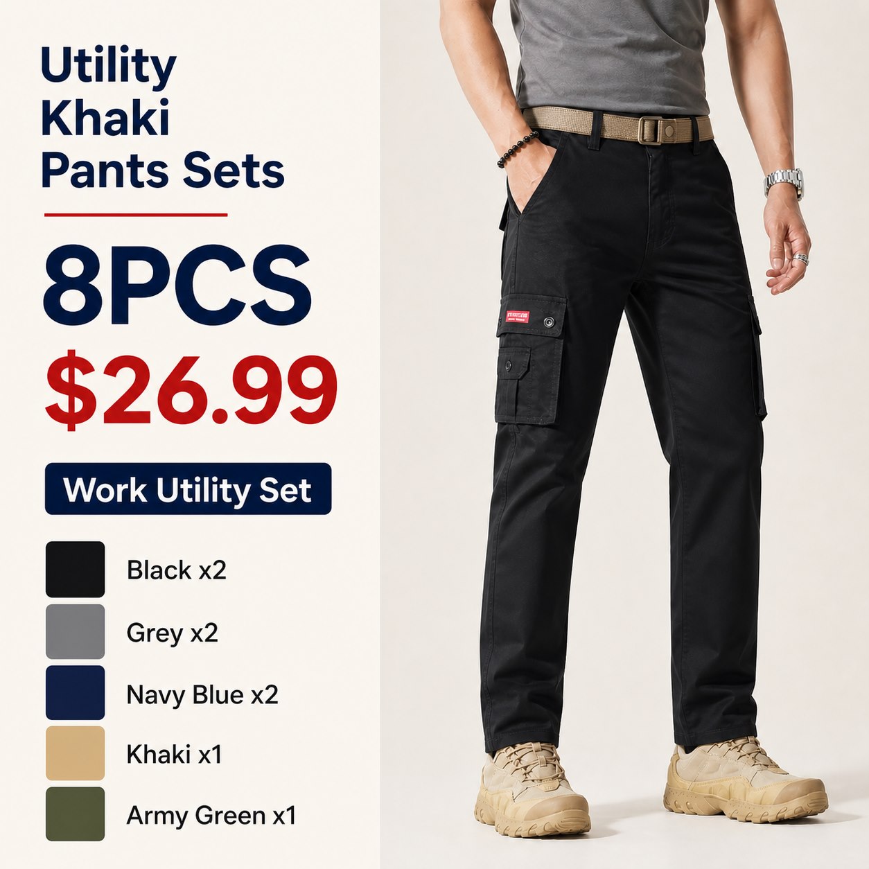 Men's Multi-Pocket Utility Khaki Pants Multi-Piece Sets 8PCS Work Utility Set (Black x2, Grey x2, Navy Blue x2, Khaki x1, Army Green x1) bundle main image