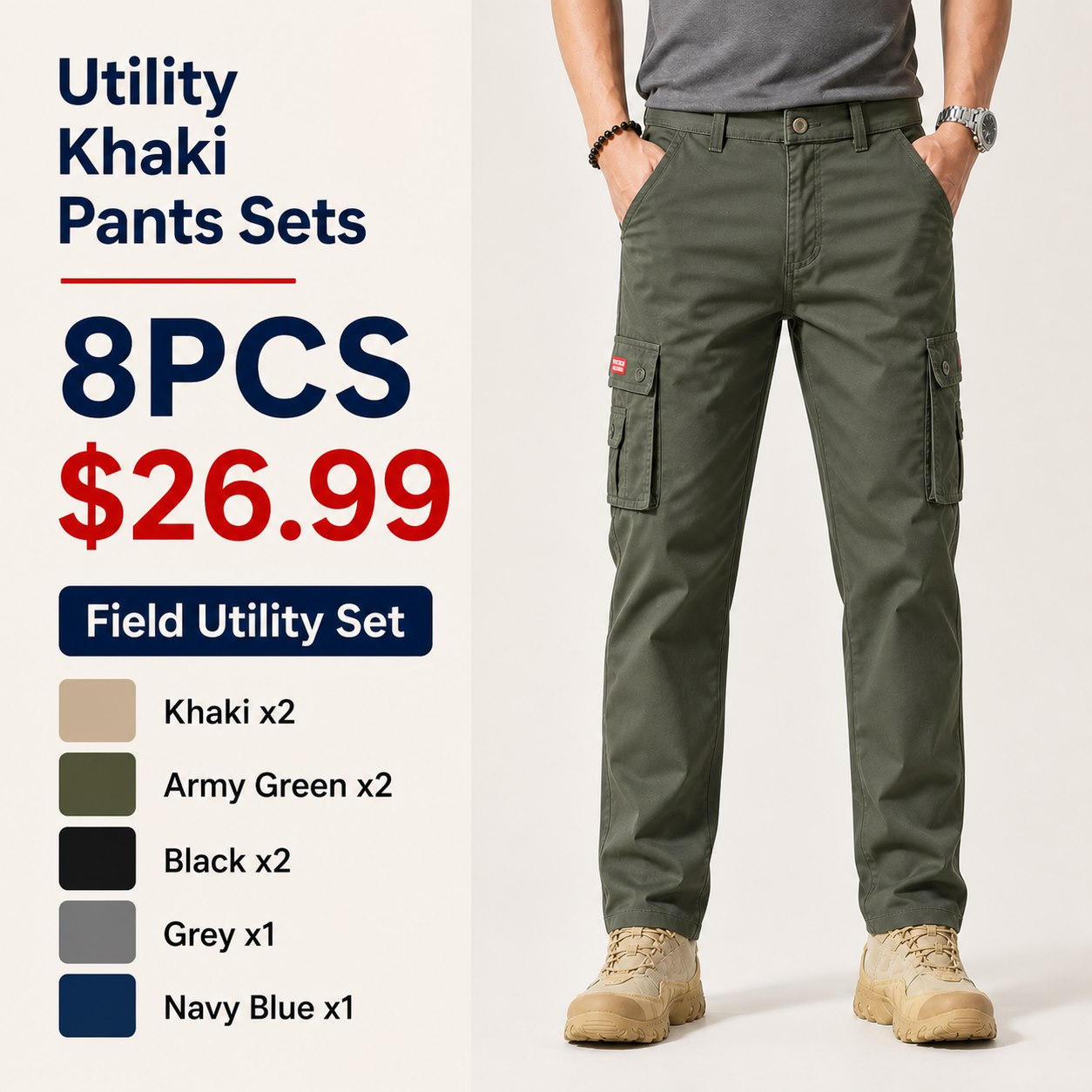 Men's Multi-Pocket Utility Khaki Pants Multi-Piece Sets 8PCS Field Utility Set (Khaki x2, Army Green x2, Black x2, Grey x1, Navy Blue x1) bundle main image