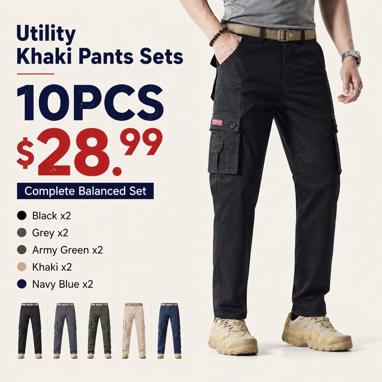 Men's Multi-Pocket Utility Khaki Pants Multi-Piece Sets 10PCS Complete Balanced Set (Black x2, Grey x2, Army Green x2, Khaki x2, Navy Blue x2) bundle main image