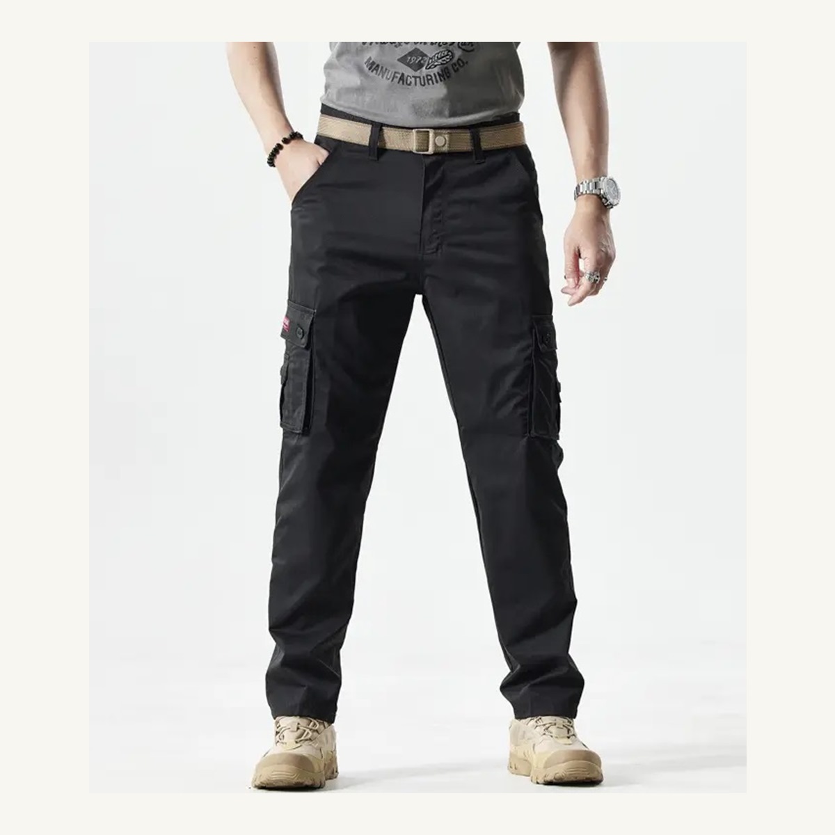 Men's Multi-Pocket Utility Khaki Pants Multi-Piece Sets Front View front-view
