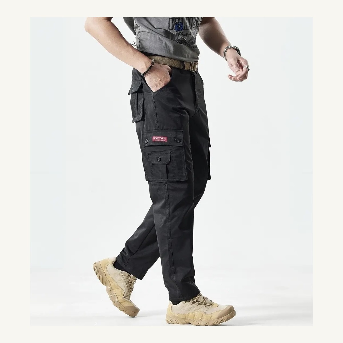 Men's Multi-Pocket Utility Khaki Pants Multi-Piece Sets Side View side-view