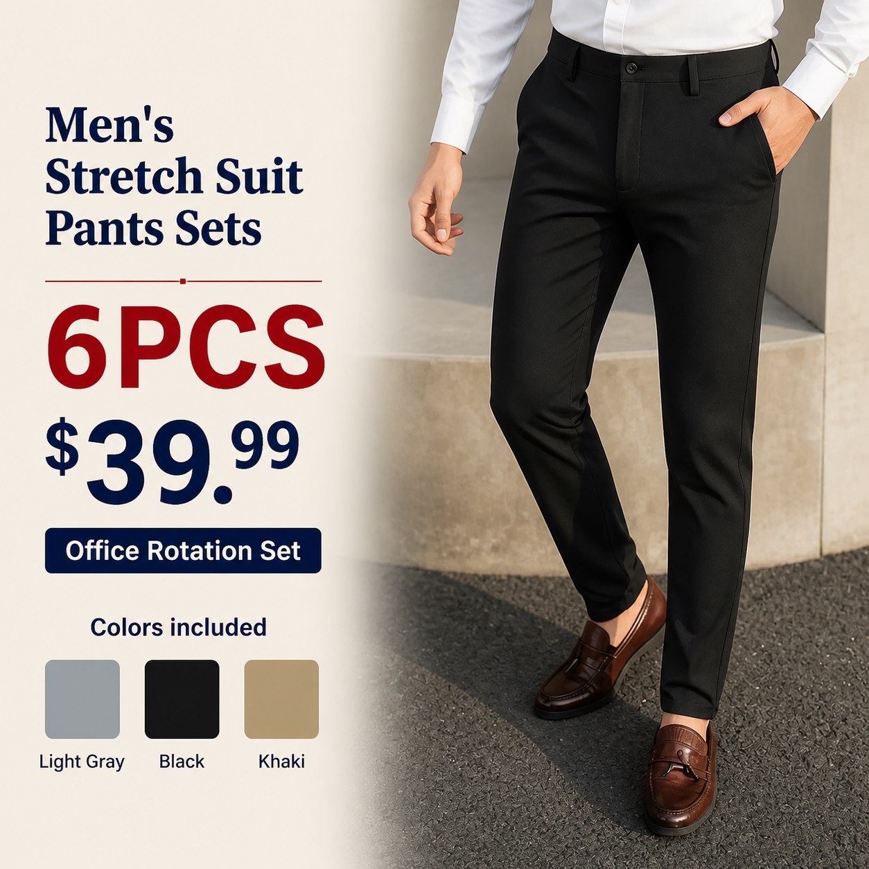 Men's High-Stretch Ice Silk Suit Pants 6PCS Sets 6PCS Office Rotation Set (Light Gray x2, Black x2, Khaki x2) bundle main image