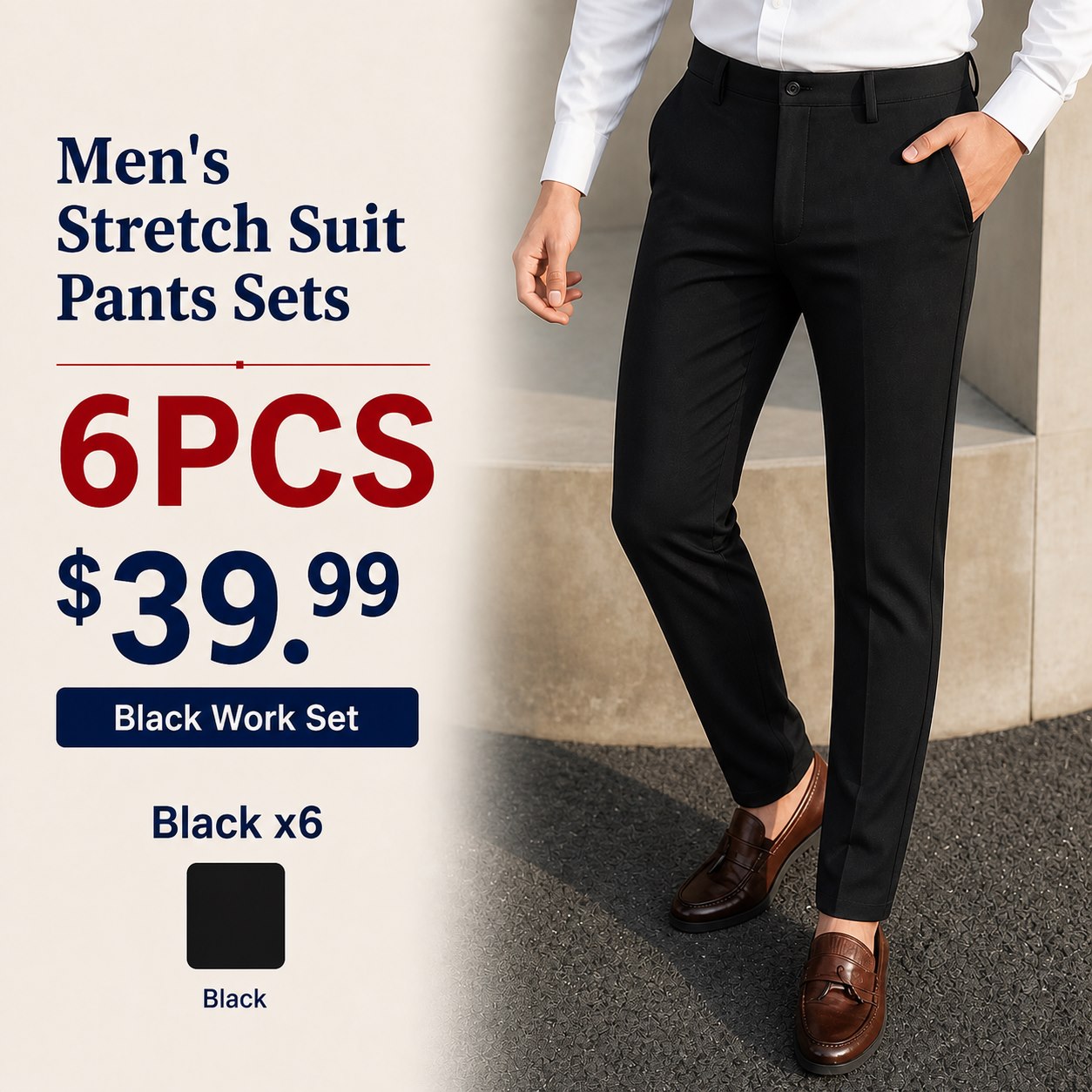 Men's High-Stretch Ice Silk Suit Pants 6PCS Sets 6PCS Black Work Set (Black x6) bundle main image