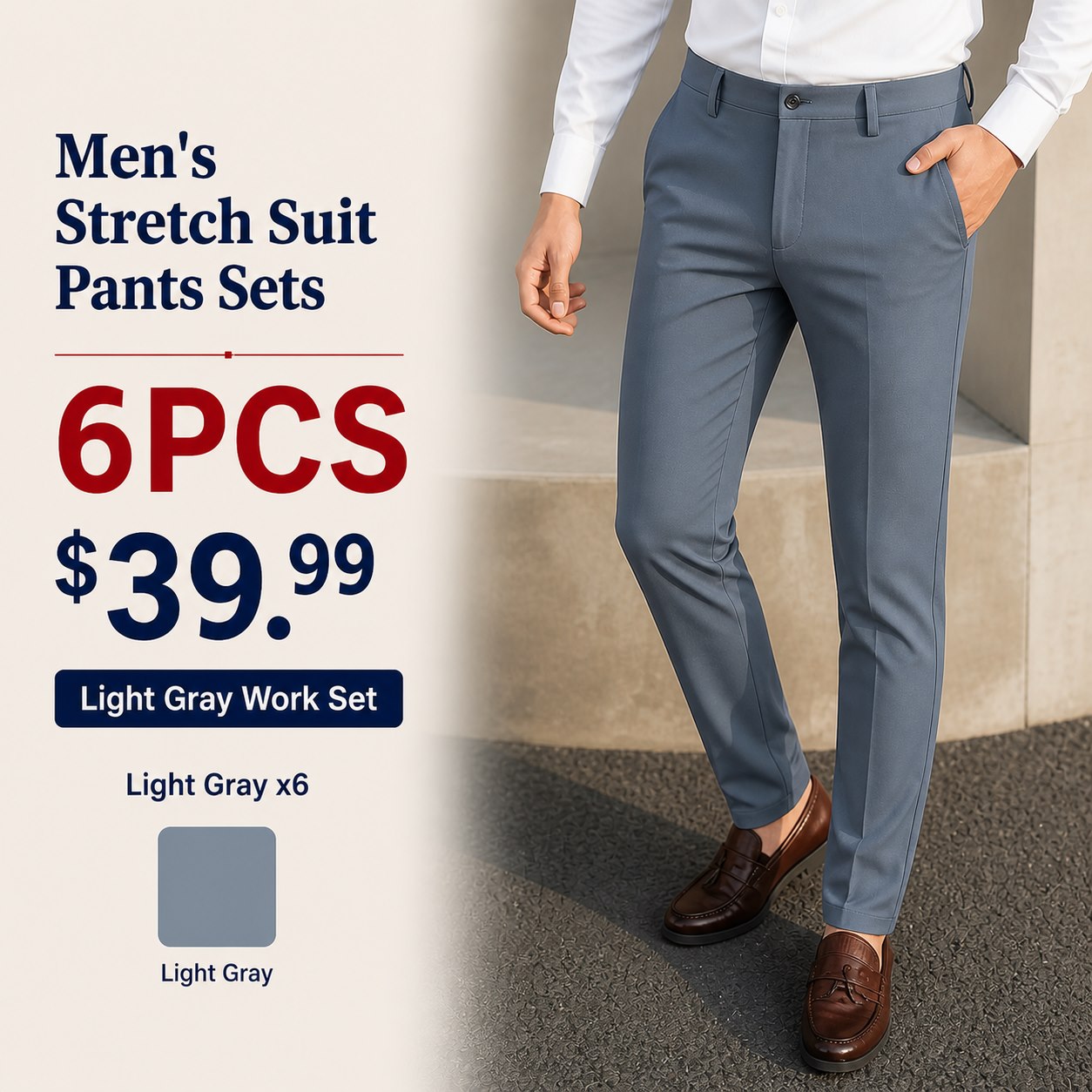 Men's High-Stretch Ice Silk Suit Pants 6PCS Sets 6PCS Light Gray Work Set (Light Gray x6) bundle main image