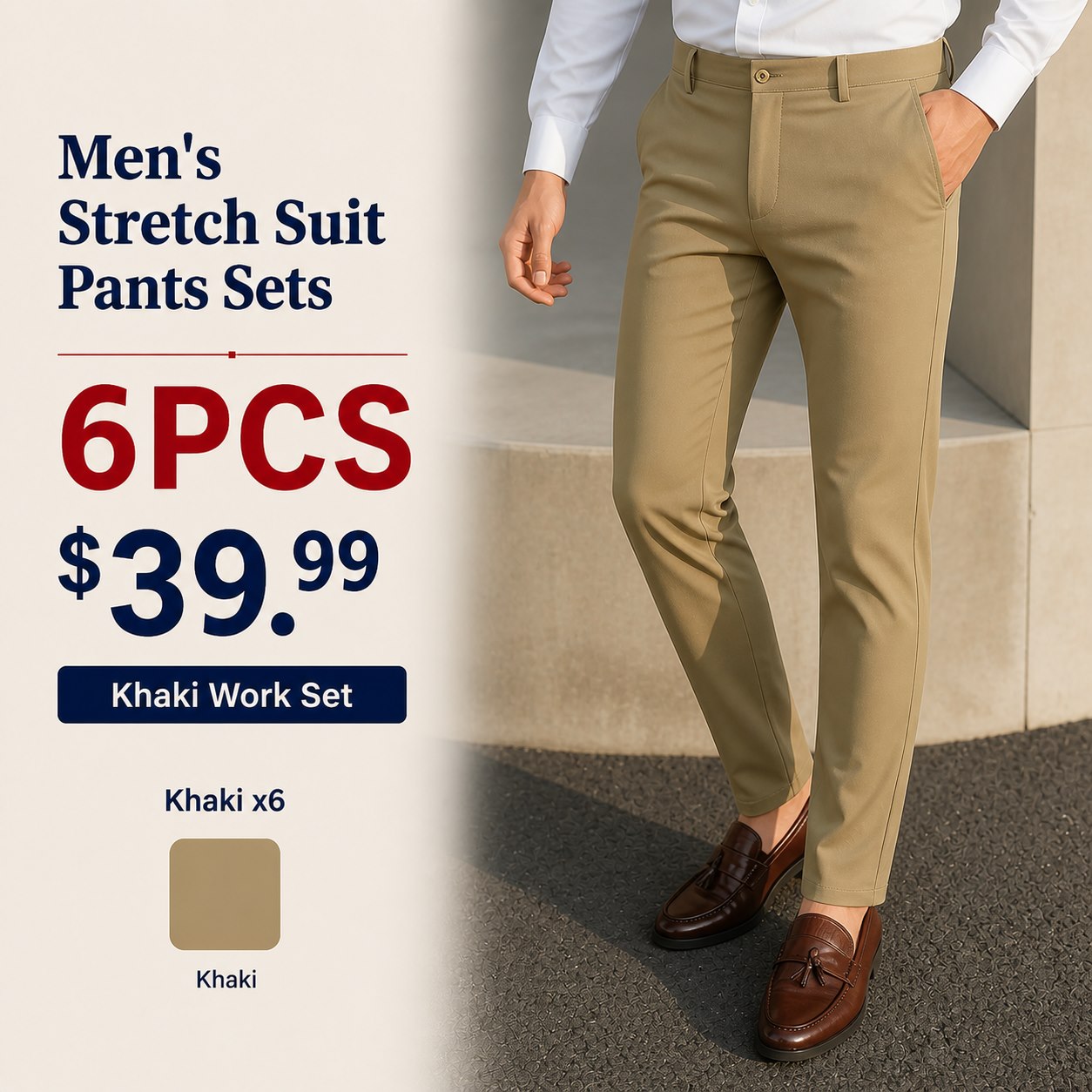 Men's High-Stretch Ice Silk Suit Pants 6PCS Sets 6PCS Khaki Work Set (Khaki x6) bundle main image