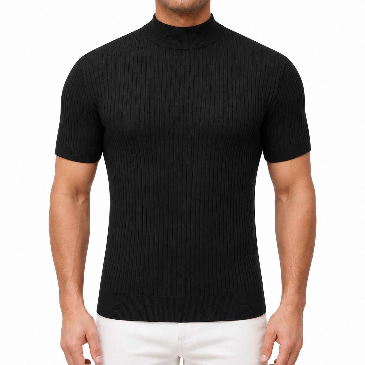 Men's Short Sleeve Mock Neck 4/6PCS front short sleeve mock neck ribbed knit top view image