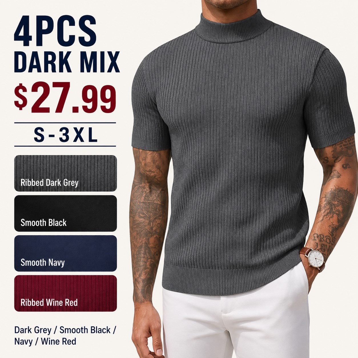 Men's Short Sleeve Mock Neck 4/6PCS 4PCS Dark Mix bundle option image