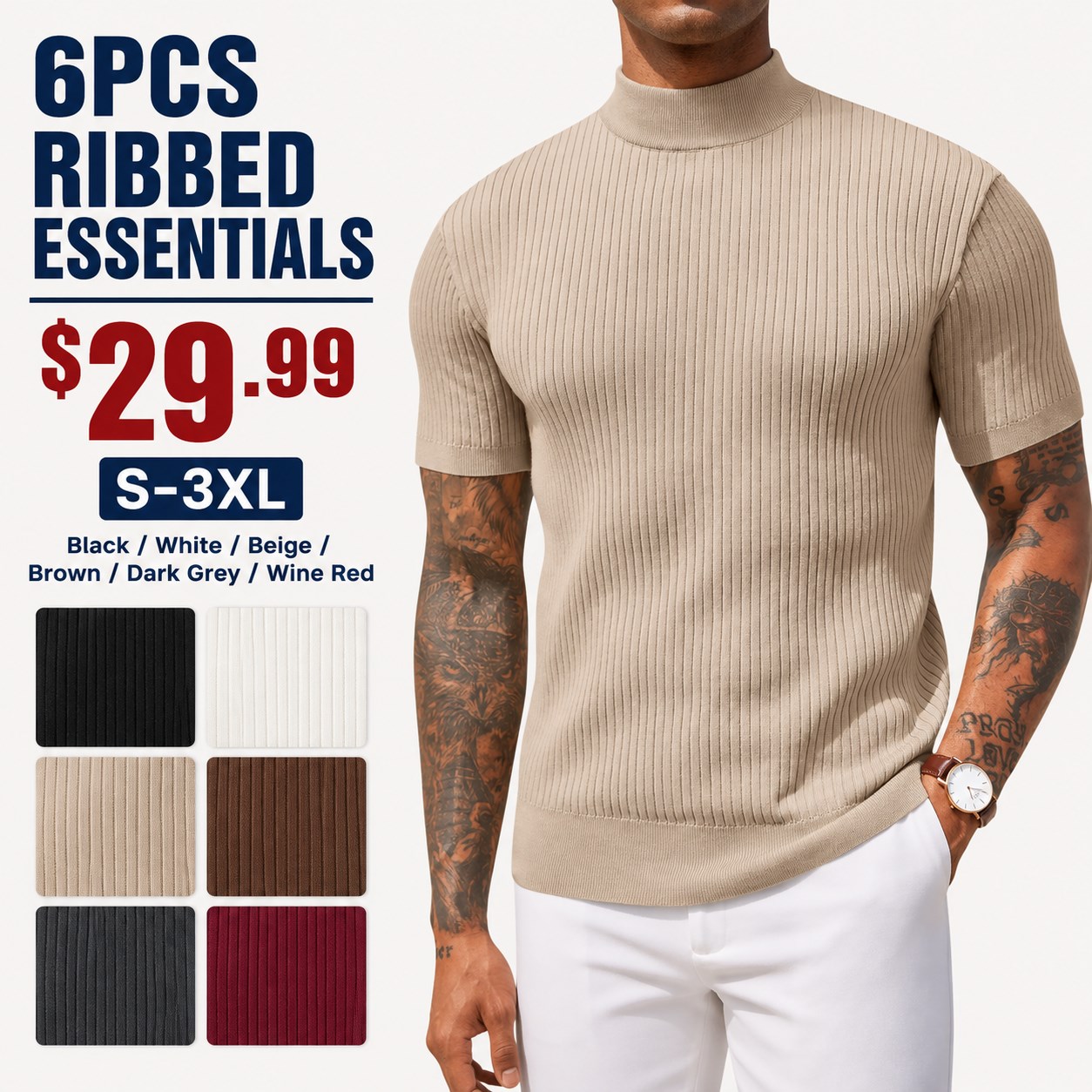 Men's Short Sleeve Mock Neck 4/6PCS 6PCS Ribbed Essentials bundle option image