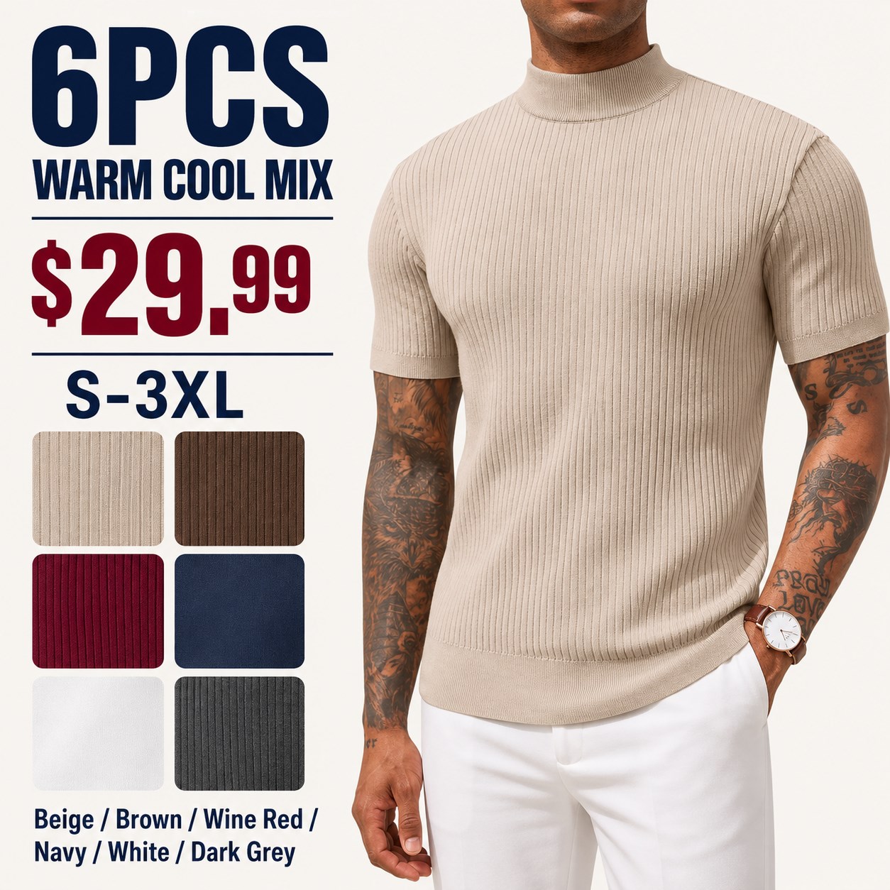 Men's Short Sleeve Mock Neck 4/6PCS 6PCS Warm Cool Mix bundle option image