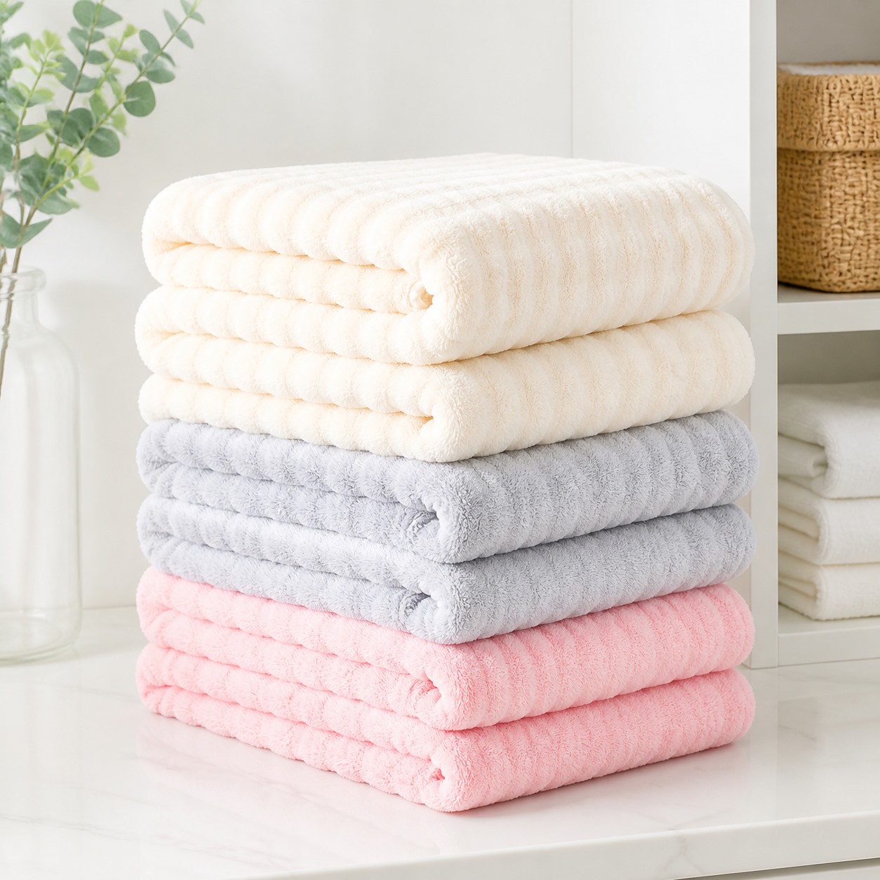 Oversized Bubble Fleece Bath Towel 6PCS Sets folded stack view