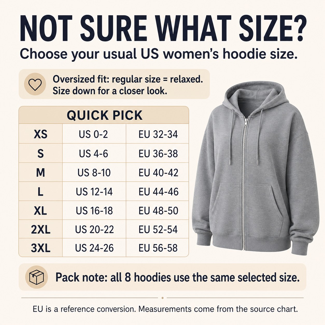 Women's Oversized Zip Hoodie 8PCS Sets LAZY SIZE GUIDE quick size guide