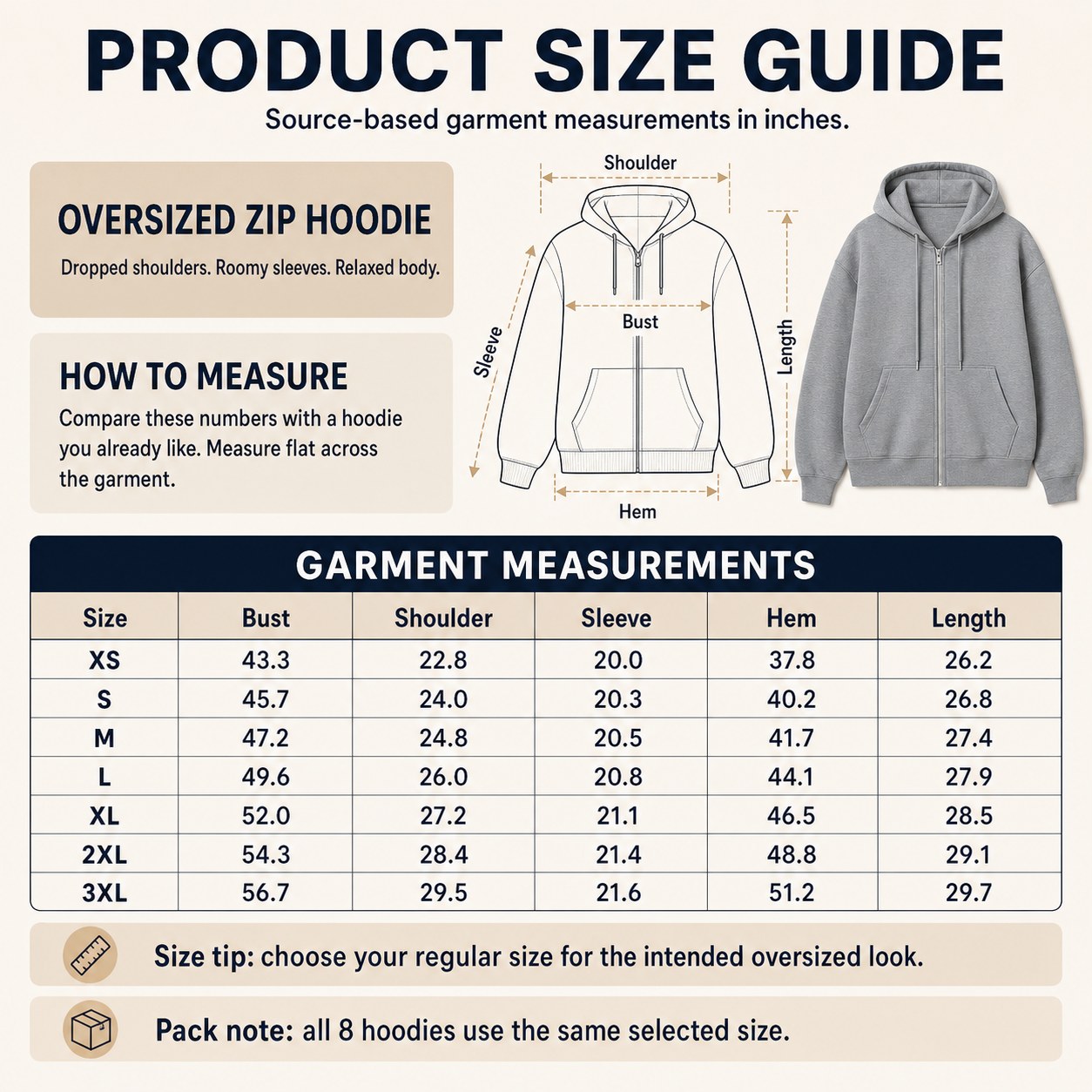 Women's Oversized Zip Hoodie 8PCS Sets PRODUCT SIZE GUIDE product size guide