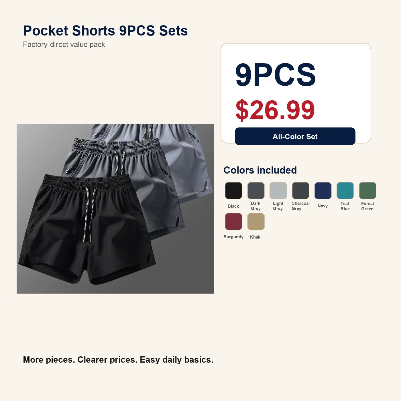 Men's Breathable Pocket Shorts 9PCS Sets 9PCS Breathable Pocket Shorts Sets promotional main image