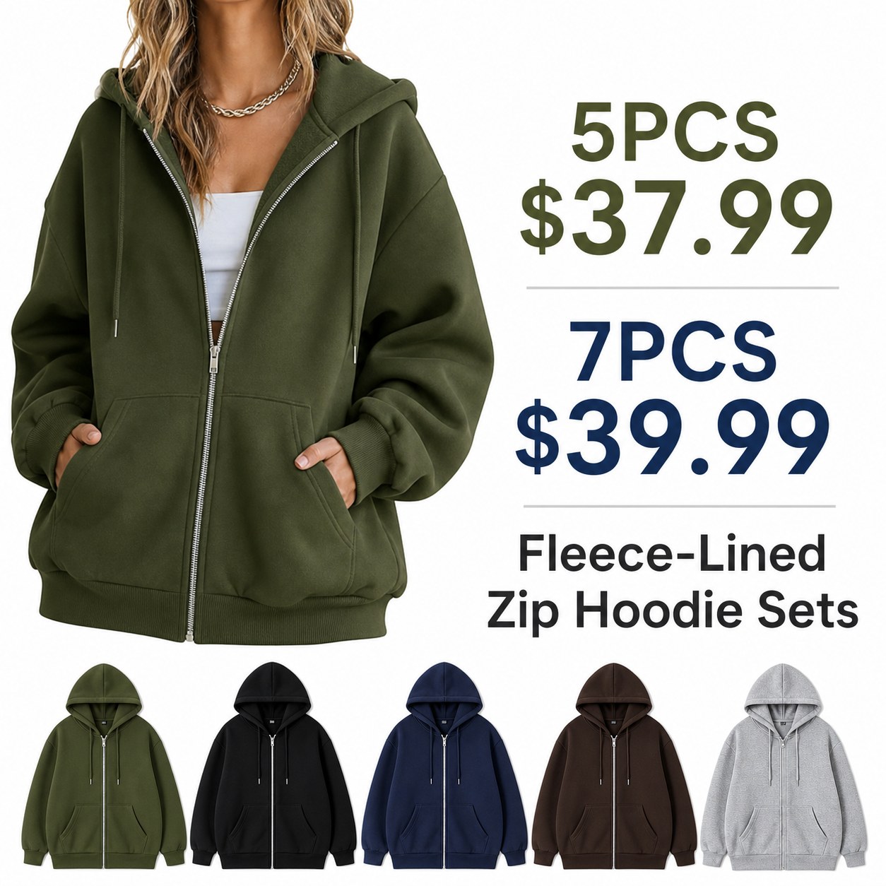 Women's Fleece-Lined Zip Hoodie Multi-Piece Sets 5PCS 7PCS Fleece-Lined Zip Hoodie Sets promotional main image