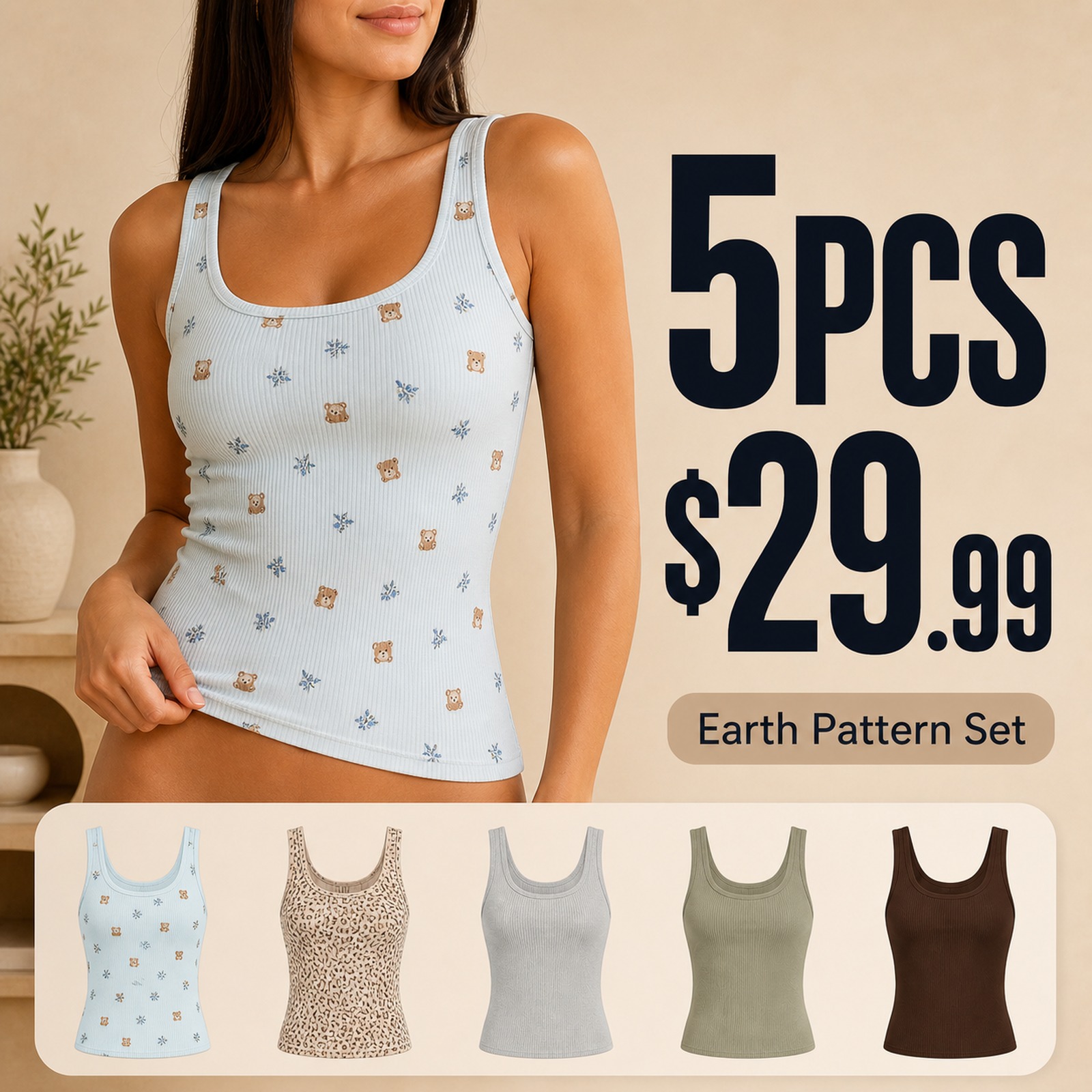 Rib Contour Waist Tank Top 5PCS Sets 5PCS Earth Pattern Set promotional main image