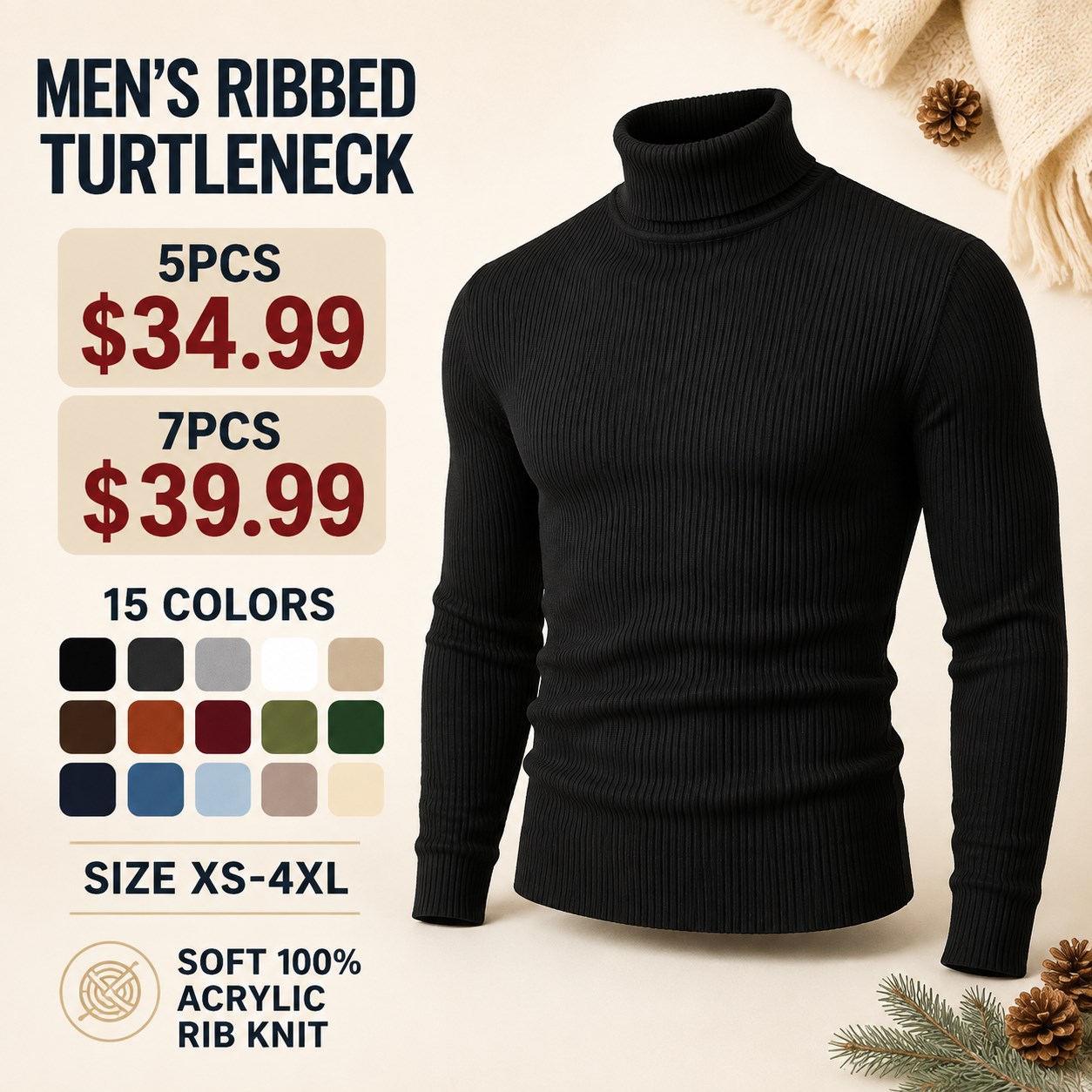 Men's Ribbed Turtleneck 5/7PCS 5-piece and 7-piece ribbed turtleneck sweater offer image
