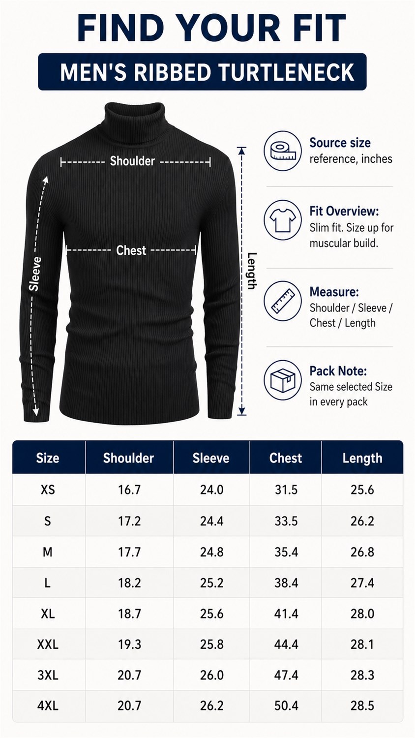 Men's Ribbed Turtleneck 5/7PCS product measurement size guide image