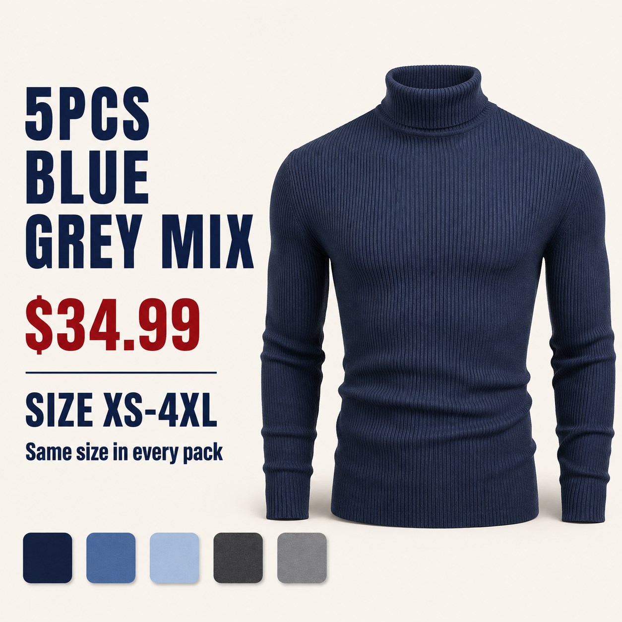 Men's Ribbed Turtleneck 5/7PCS 5PCS Blue Grey Mix bundle option image