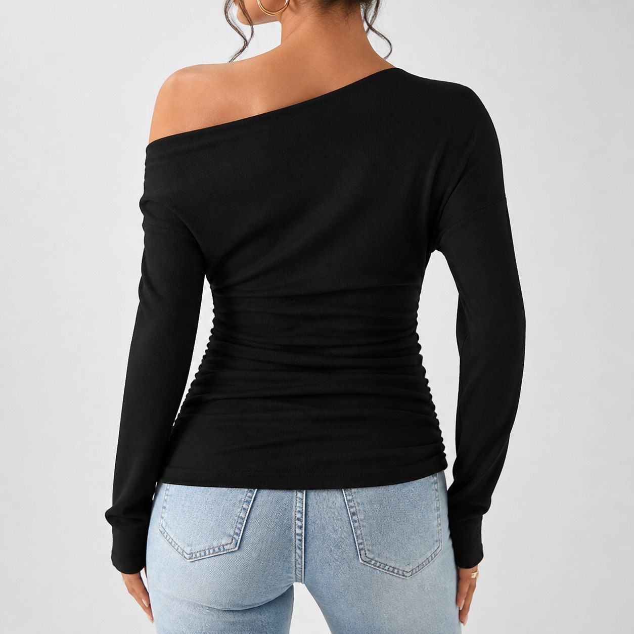 Women's Ruched Asymmetrical Long Sleeve Tee 6PCS Sets BACK back view