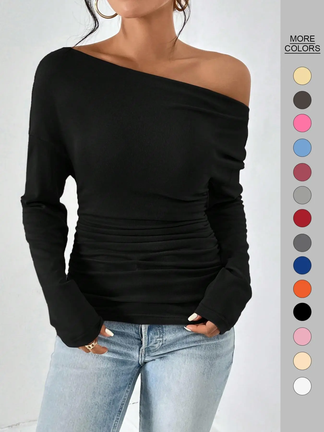 Women's Ruched Asymmetrical Long Sleeve Tee 6PCS Sets FRONT front view