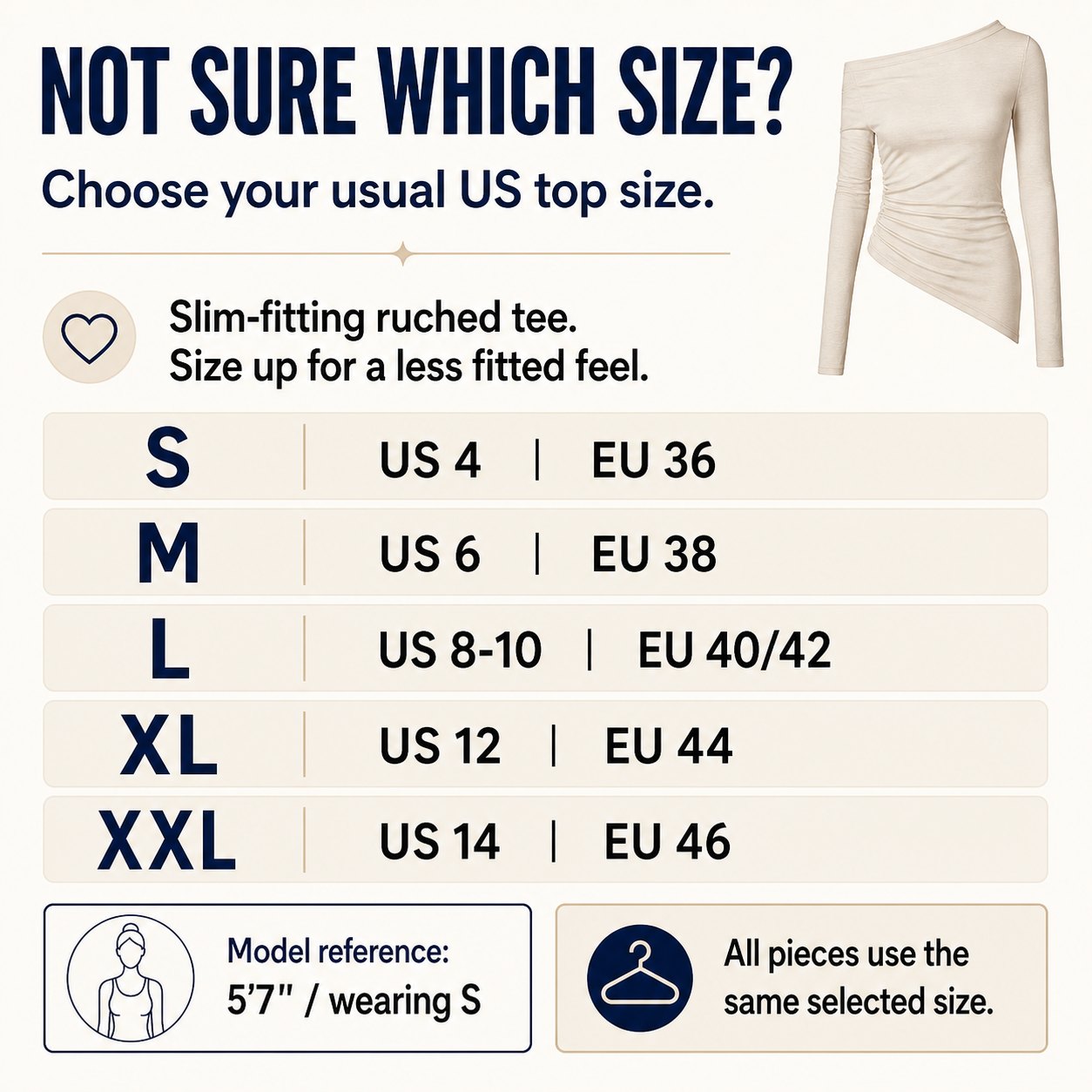 Women's Ruched Asymmetrical Long Sleeve Tee 6PCS Sets LAZY SIZE GUIDE quick size guide
