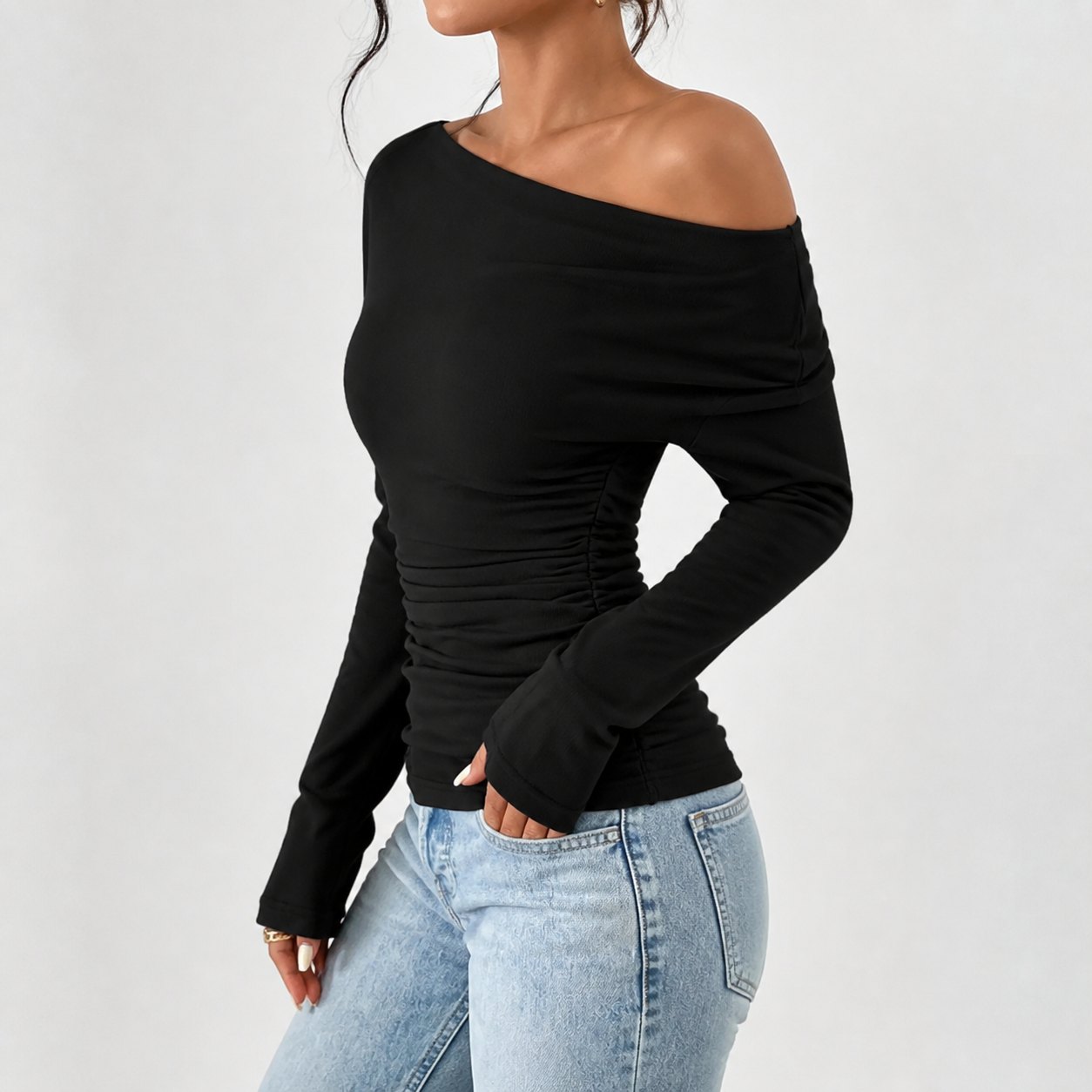 Women's Ruched Asymmetrical Long Sleeve Tee 6PCS Sets SIDE side view