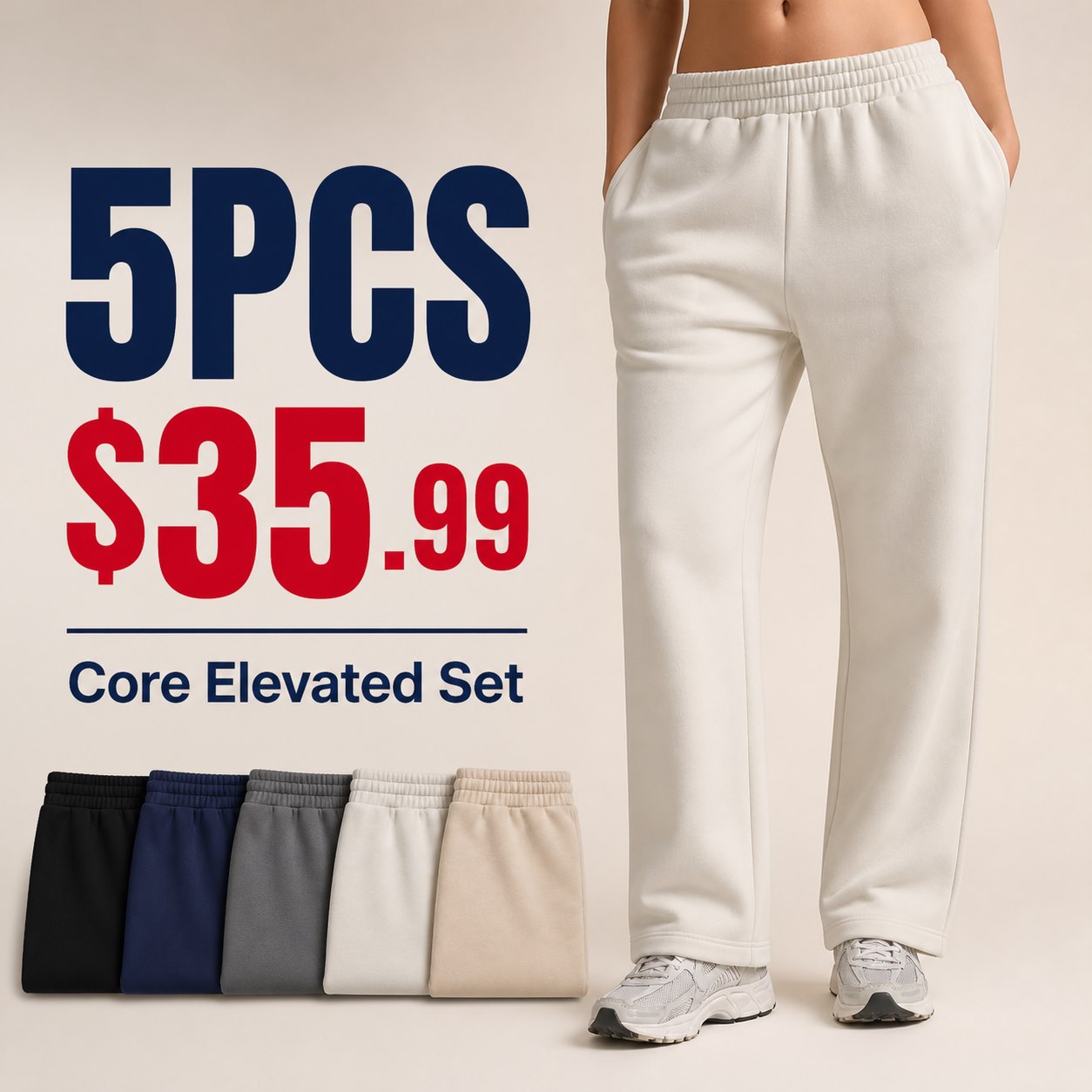 Unisex Signature Straight Leg Sweatpants Multi-Piece Sets 5PCS Core Elevated Set (Onyx Black, Navy, Steel Grey, Bone, Almond) bundle main image