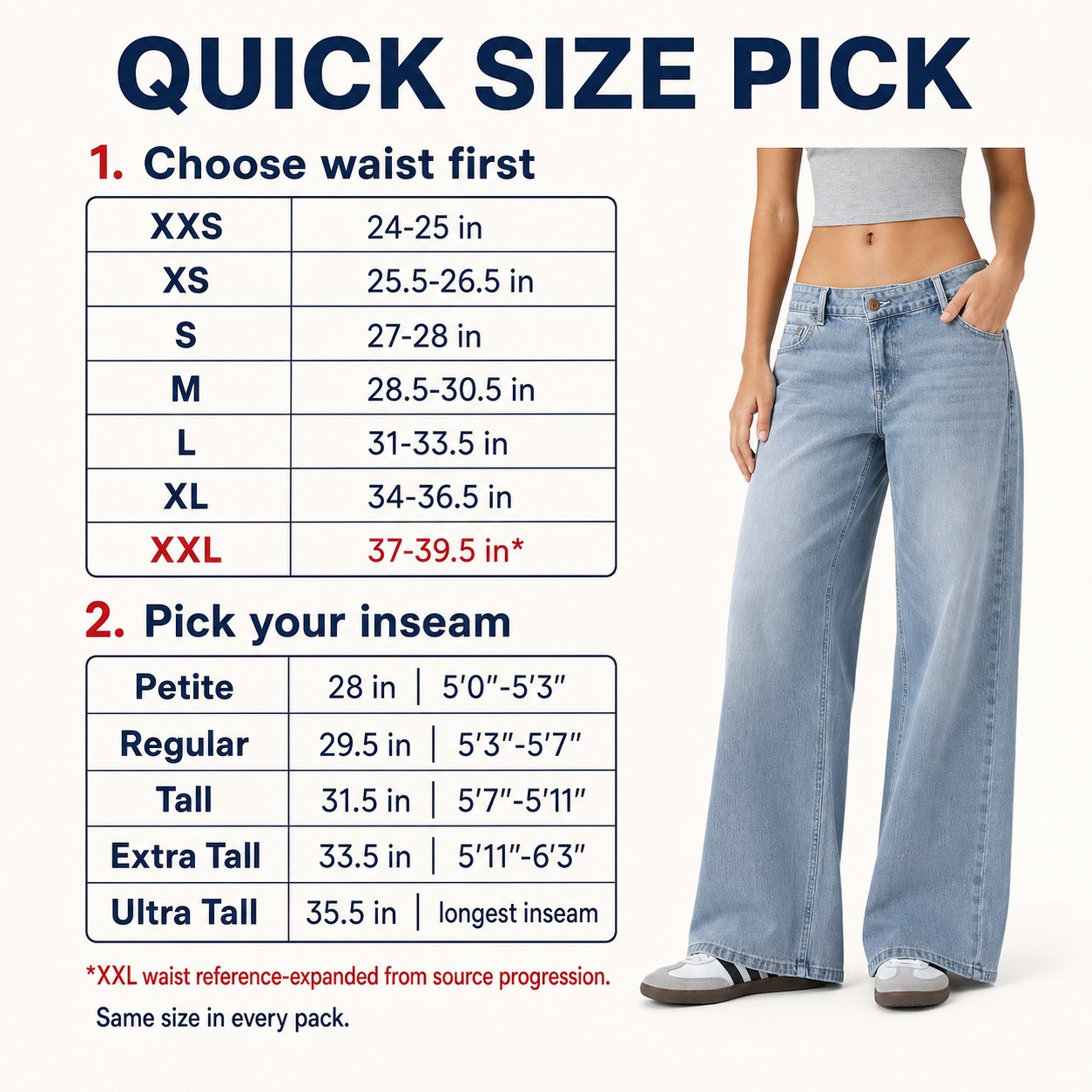 Stretch Wide-Leg Jeans 5/7PCS Sets quick size guide image