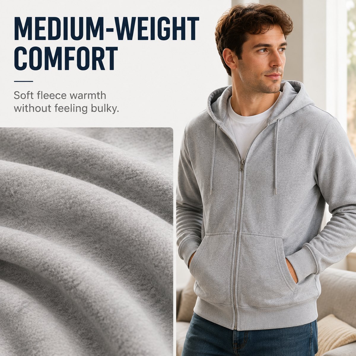 Men's zip hoodie medium-weight comfort