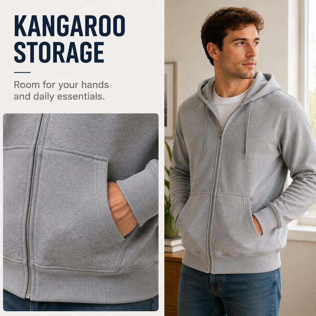 Men's zip hoodie kangaroo storage