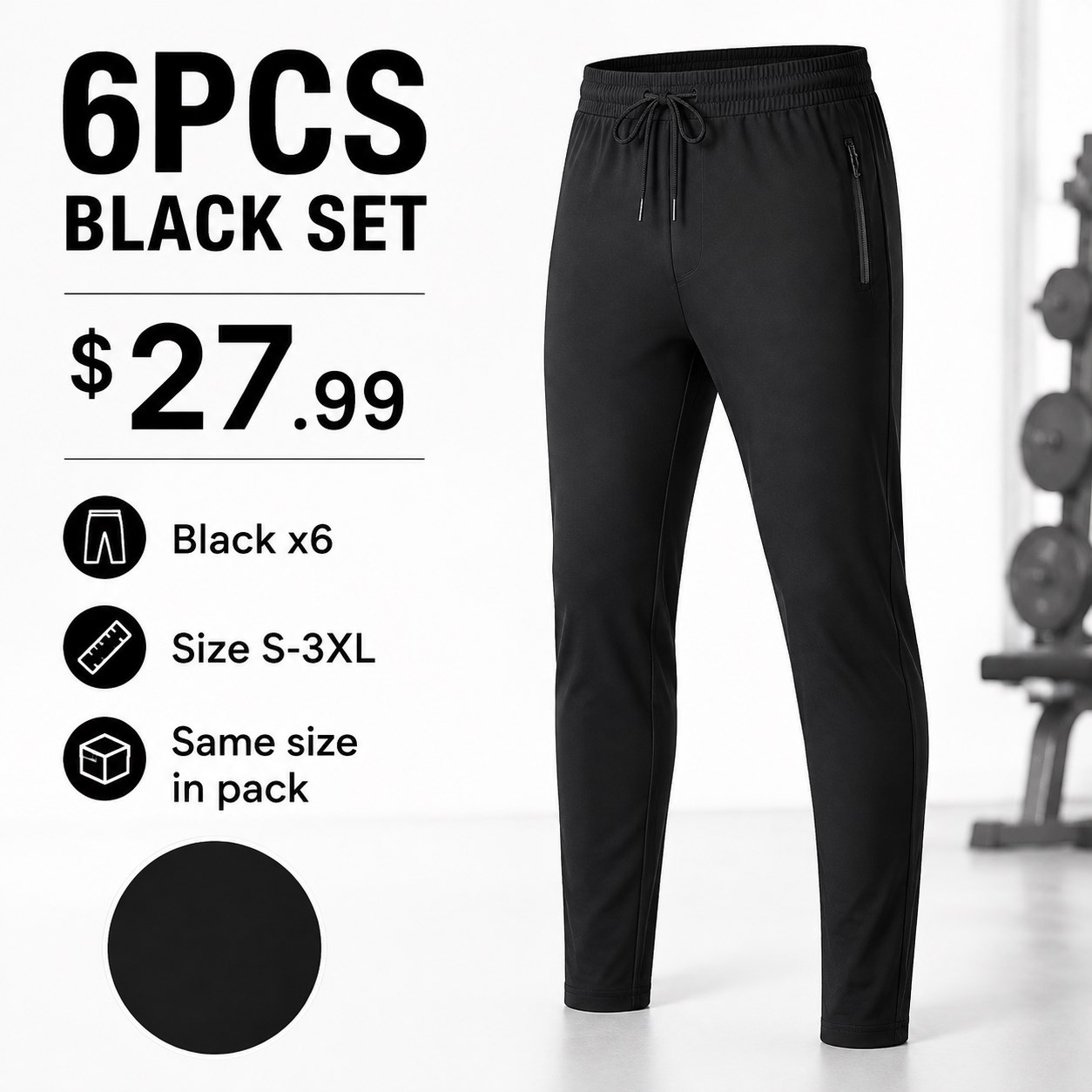 Men's Zip Pocket Joggers 6PCS Pack 6PCS Black Set bundle option image