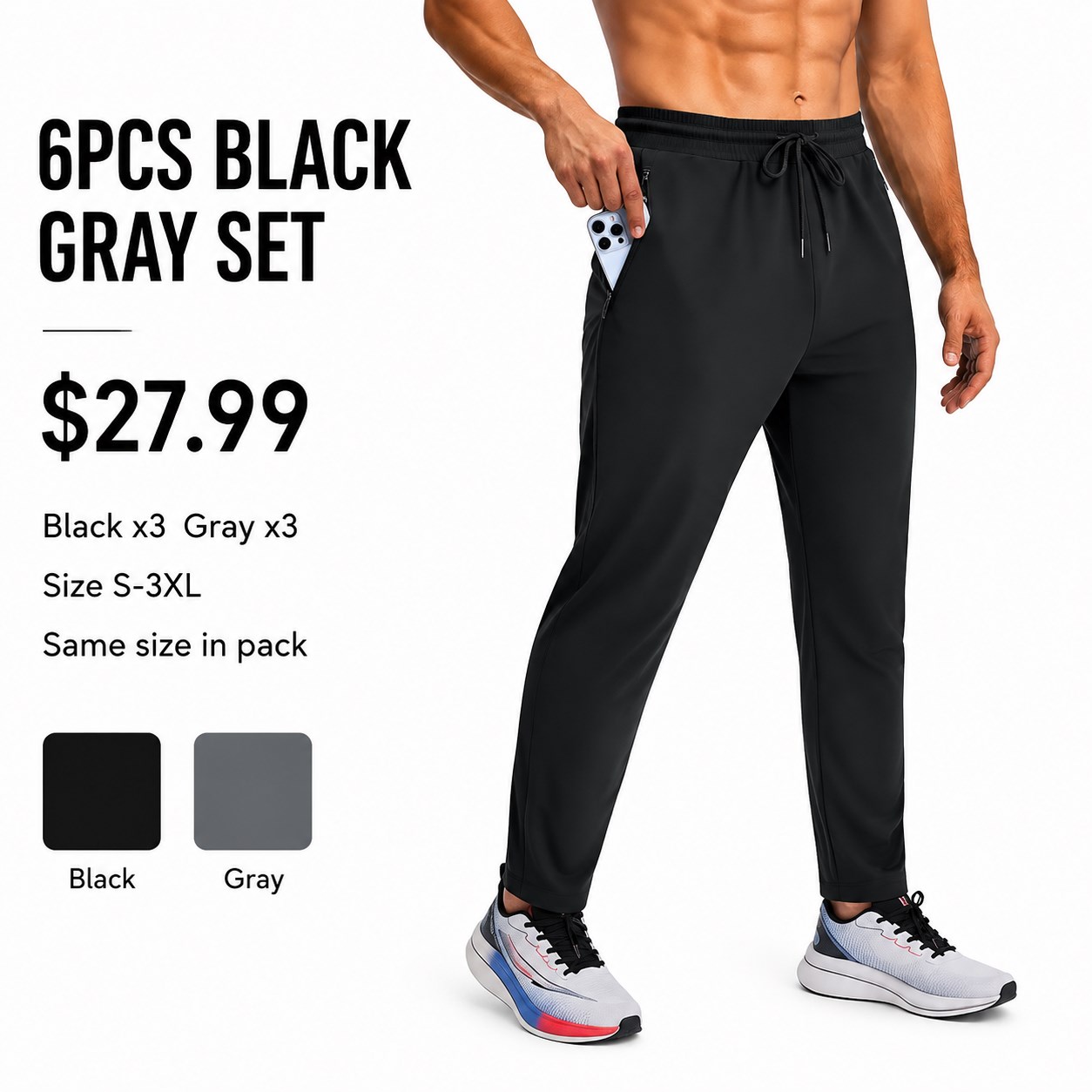 Men's Zip Pocket Joggers 6PCS Pack 6PCS Black Gray Set bundle option image
