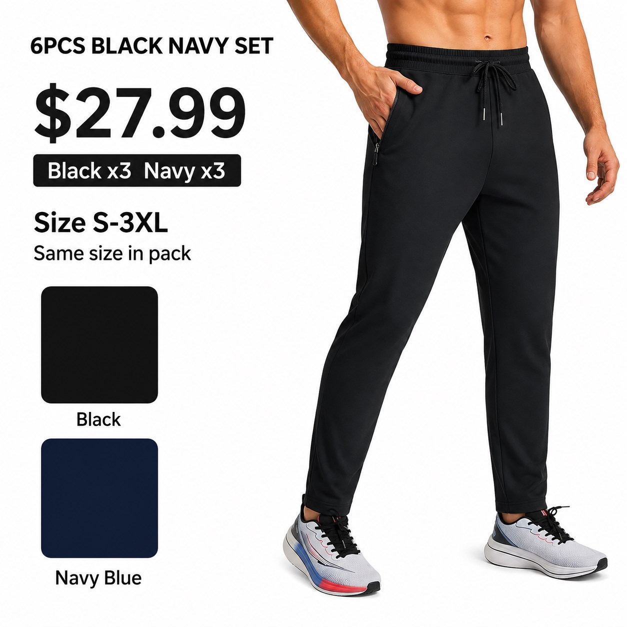 Men's Zip Pocket Joggers 6PCS Pack 6PCS Black Navy Set bundle option image