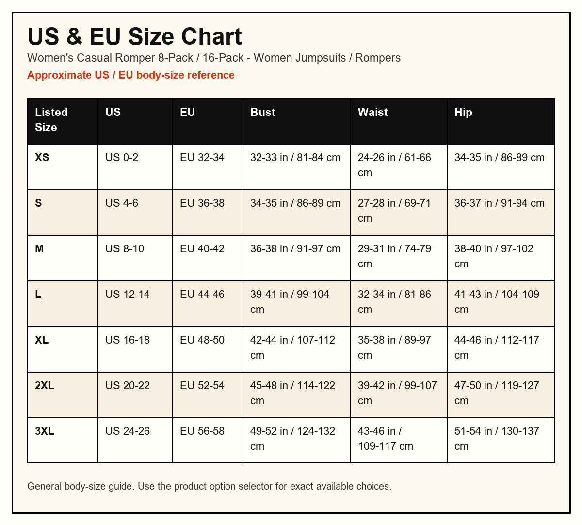 Women's Casual Romper 8-Pack / 16-Pack US and EU size chart