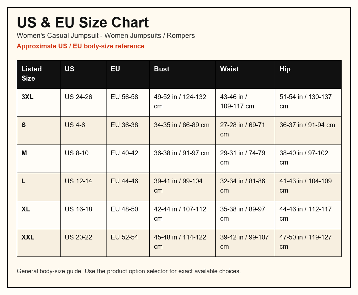Women's Casual Jumpsuit US and EU size chart