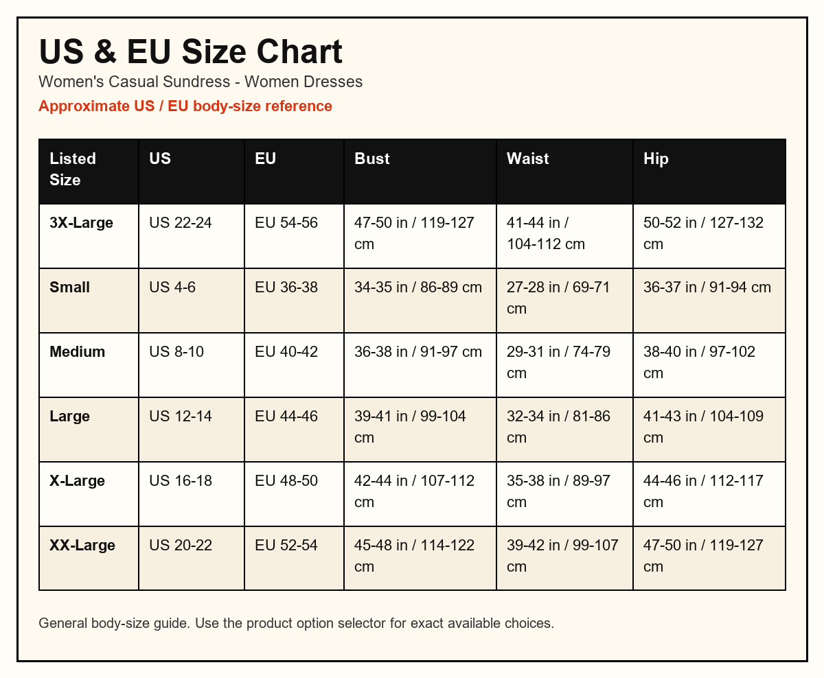 Women's Casual Sundress US and EU size chart