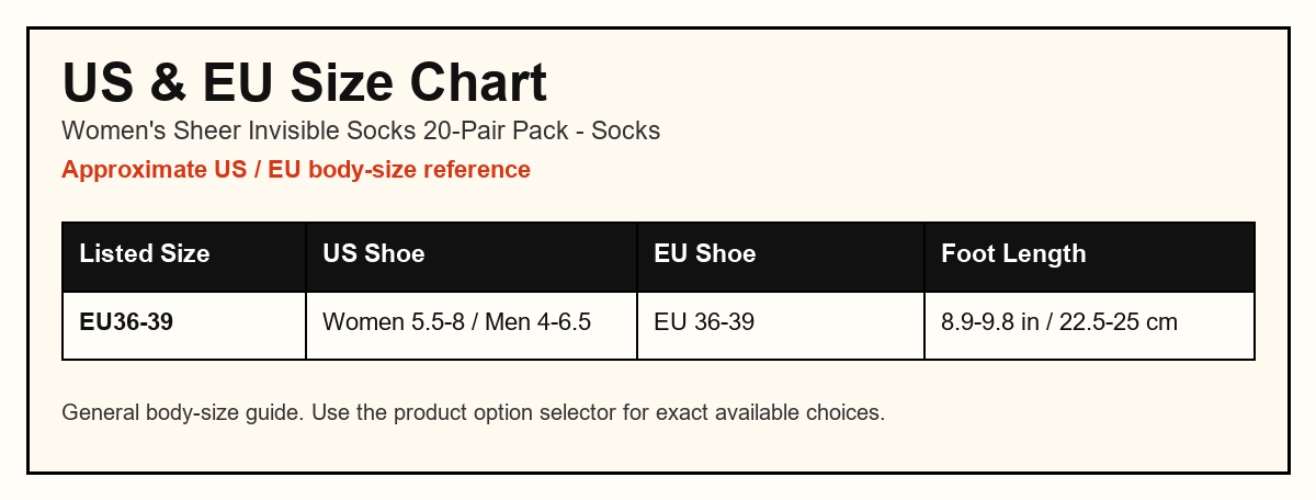 Women's Sheer Invisible Socks 20-Pair Pack US and EU size chart