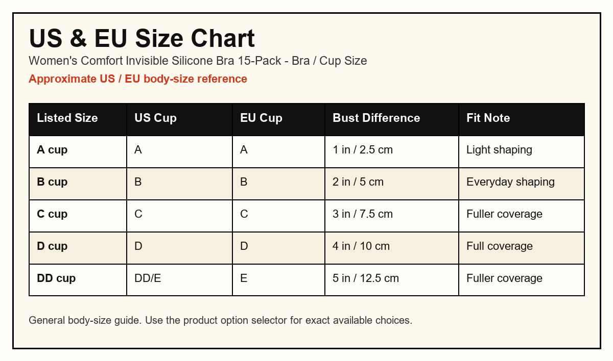 Women's Comfort Invisible Silicone Bra 15-Pack US and EU size chart