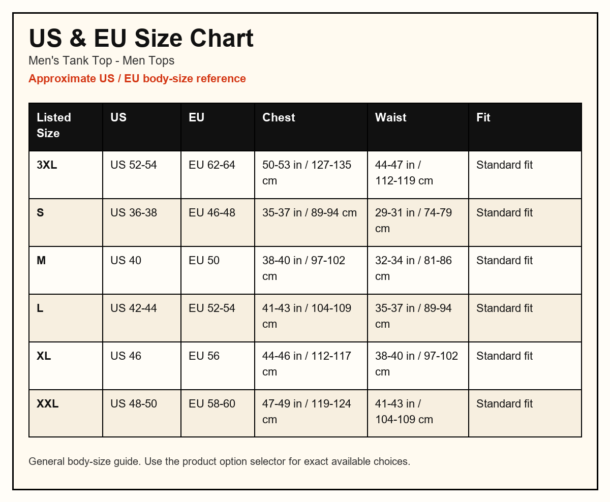 Men's Tank Top US and EU size chart