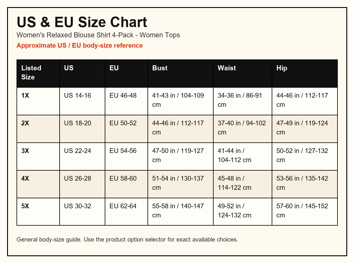 Women's Relaxed Blouse Shirt 4-Pack US and EU size chart