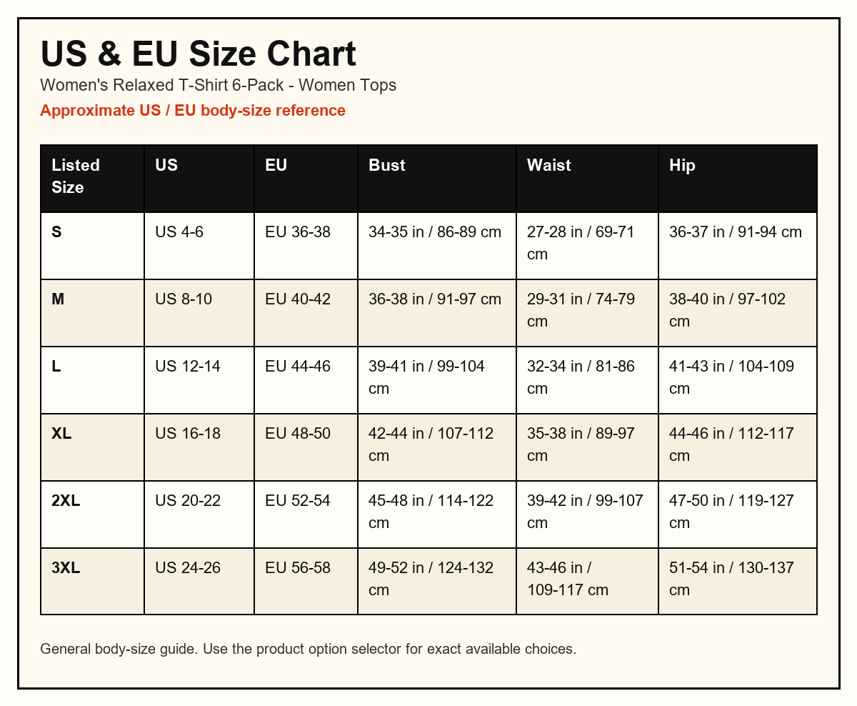 Women's Relaxed T-Shirt 6-Pack US and EU size chart