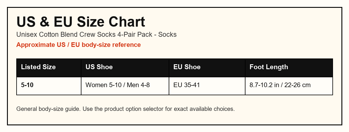 Unisex Cotton Blend Crew Socks 4-Pair Pack US and EU size chart