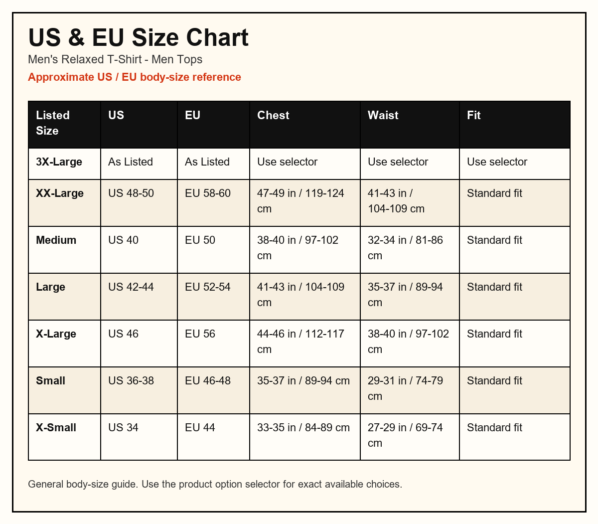 Men's Relaxed T-Shirt US and EU size chart