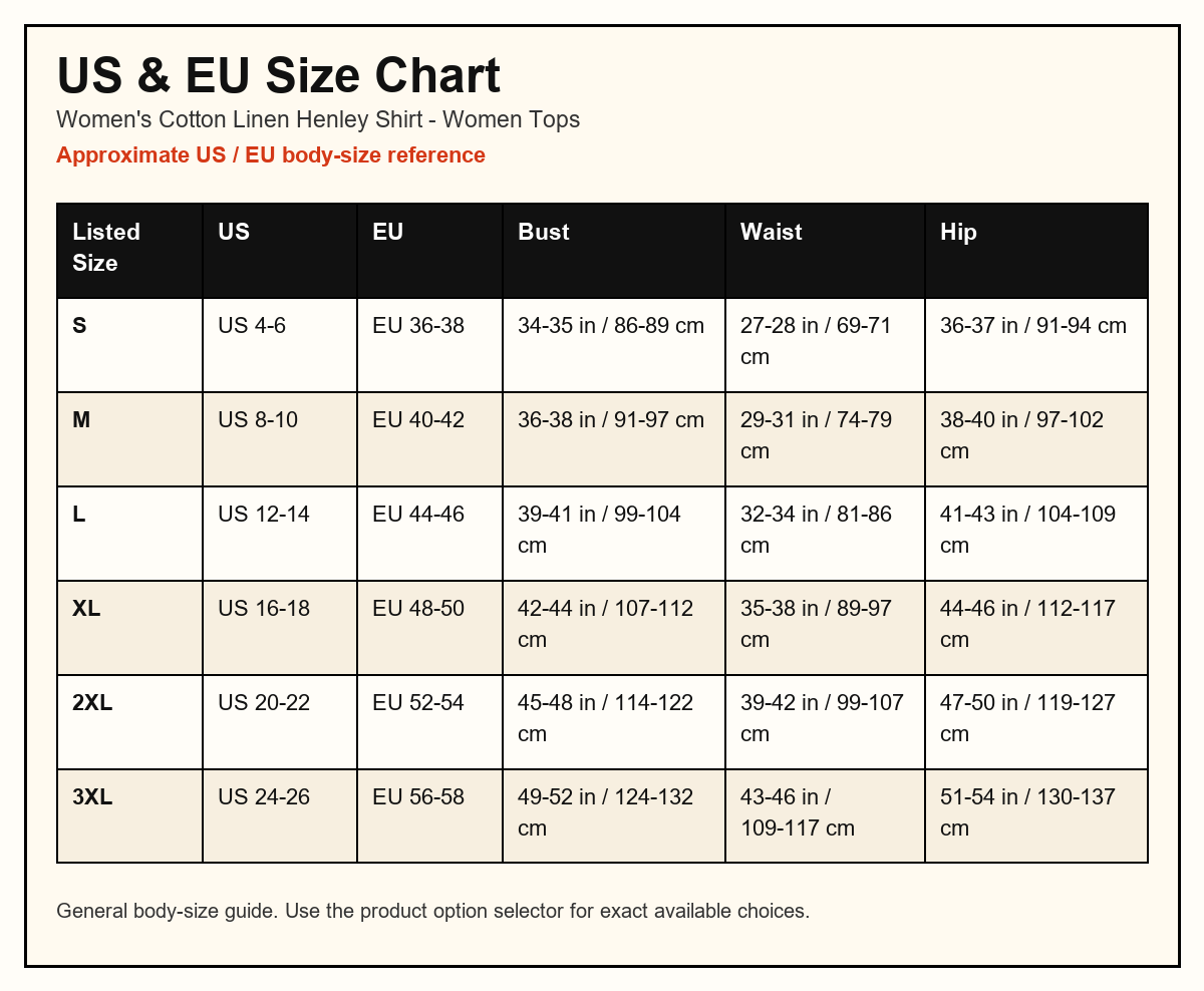 Women's Cotton Linen Henley Shirt US and EU size chart