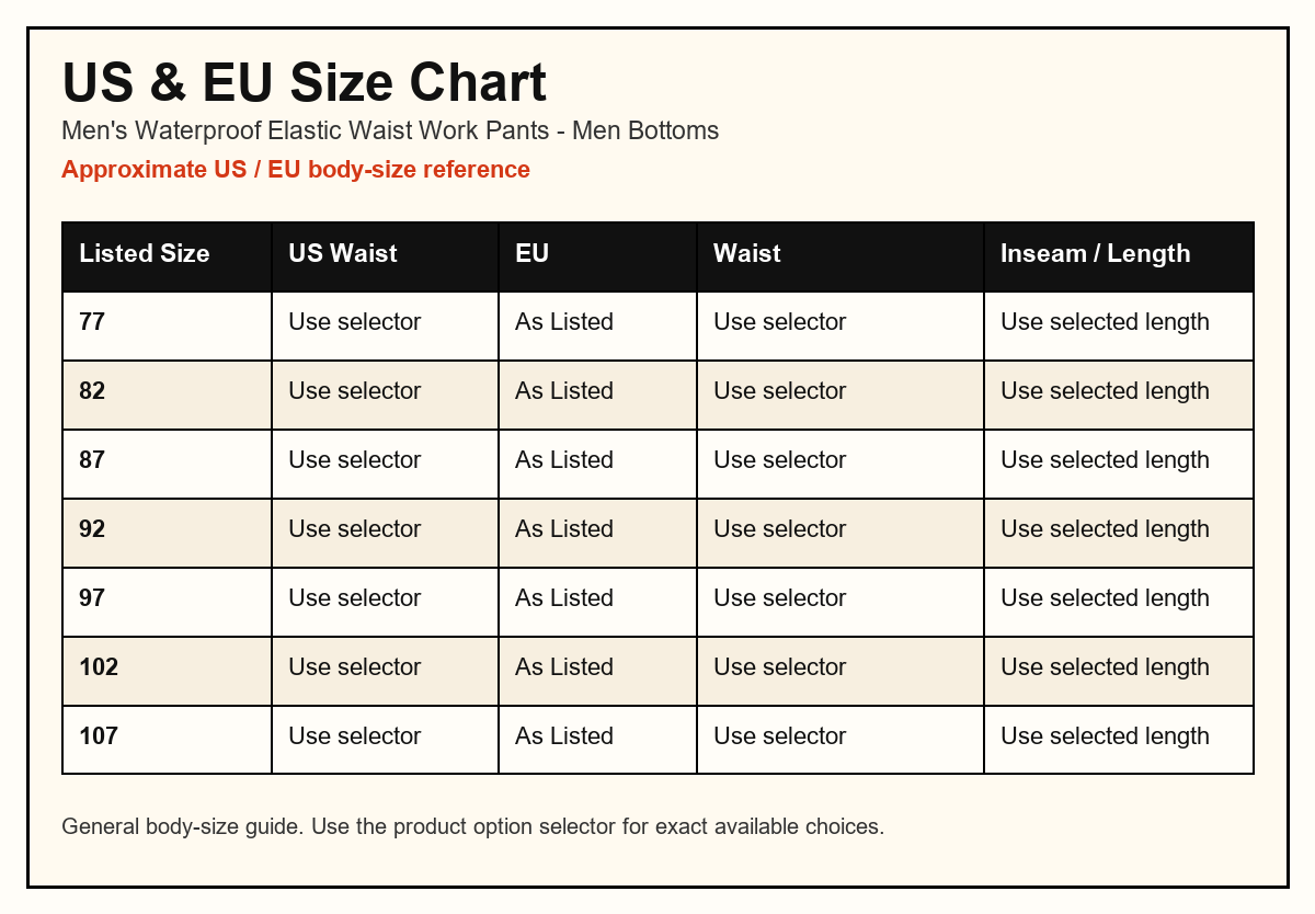 Men's Waterproof Elastic Waist Work Pants US and EU size chart