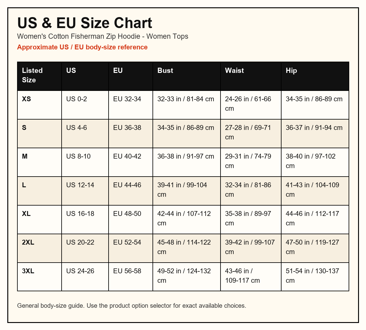 Women's Cotton Fisherman Zip Hoodie US and EU size chart