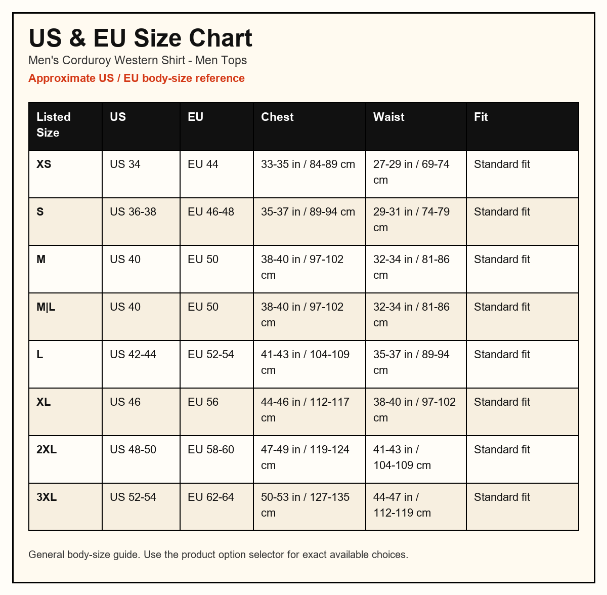 Men's Corduroy Western Shirt US and EU size chart