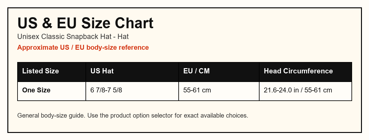 Unisex Classic Snapback Hat US and EU size chart