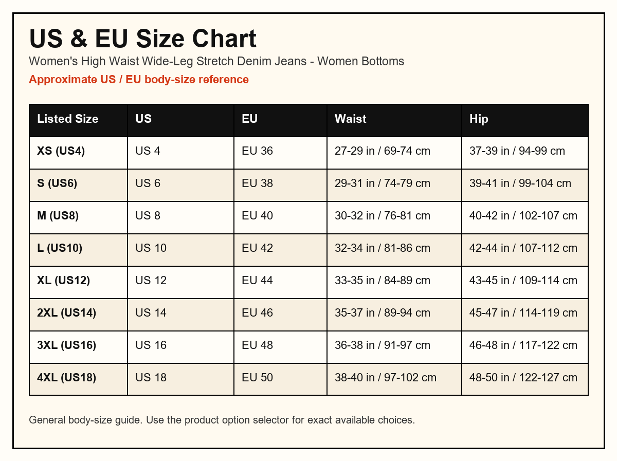 Women's High Waist Wide-Leg Stretch Denim Jeans US and EU size chart