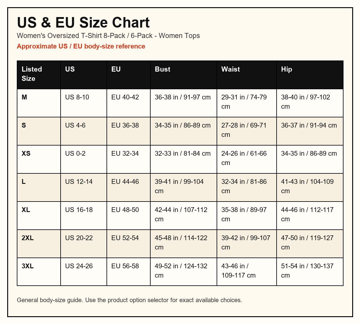Women's Oversized T-Shirt 8-Pack / 6-Pack US and EU size chart
